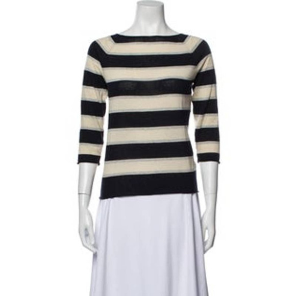 DEMYLEE WOMENS NAVY/CREAM STRIPED BATEAU NECKLINE SWEATER - Picture 1 of 7